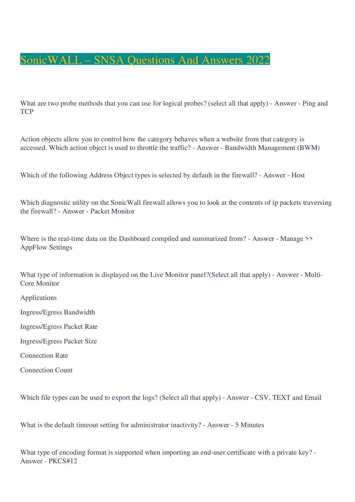 Preview image for SonicWALL – SNSA Questions And Answers 2022